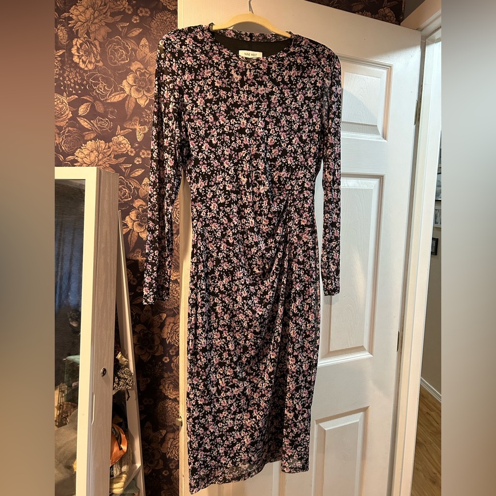Nine West Black Long-Sleeve Midi Dress with Pink Floral Print